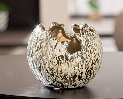 Gilde Vase, Teelichtleuchter, rund, "Crepa", Keramik, goldfarben, VE 8, H. 10 cm,