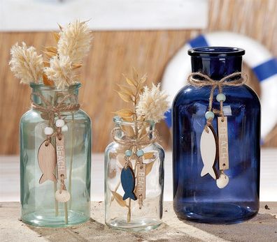 Gilde Vase, "Beach", Glas, blau, klar, VE 6, 3fach sortiert, L. 10 cm, B. 10 cm,