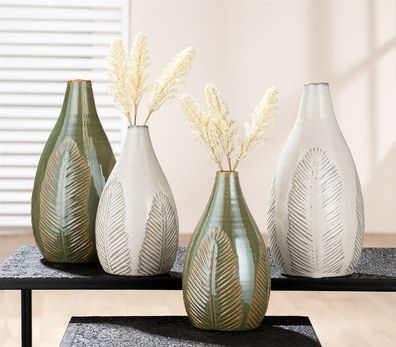 Gilde Deko-Vase, "Palmblatt", Blattmotiv, Keramik, grün, weiß, VE 6, 2fach sortier