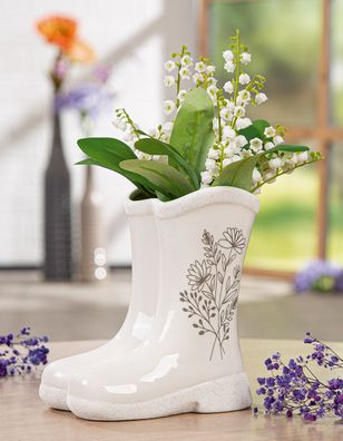 Gilde Vase, Stiefel, "Blumenstrauß", Blumenmotiv, Keramik, weiß, VE 4, L. 11.5