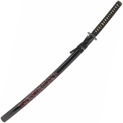 Samuraischwert handgefertigt, Blumenaufdruck, 102cm, Holzständer, Schwarz