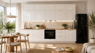 Küchenzeile Alva 300cm Weiß Hochglanz MDF-Soft Close-Premium-Einbauküche 3m