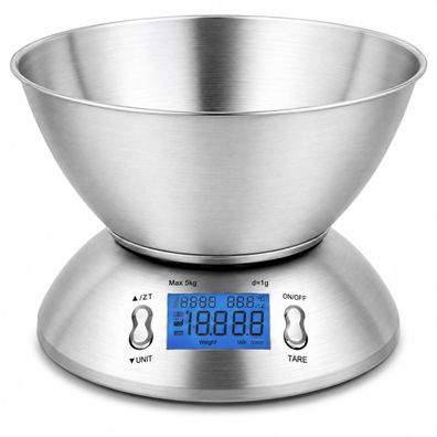 Platinet Digitale Küchenwaage 5 kg Edelstahl Schüssel 1,8 L LCD PBSKB