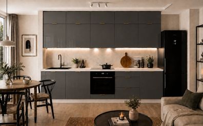 Küchenzeile Alva 300cm Grau Hochglanz MDF-Soft Close-Premium-Einbauküche 3m