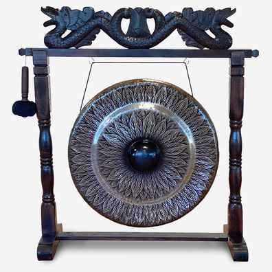Großer Gong 80 cm black pattern mit Drachen Holzständer antikbraun handgefertigt