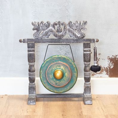 Small Gong 25 cm greenwash mit Drachen Holzständer handgefertigt Bali