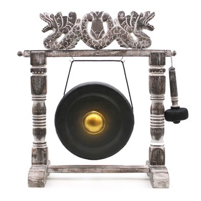 Small Gong 25 cm schwarz mit Drachen Holzständer handgefertigt Bali