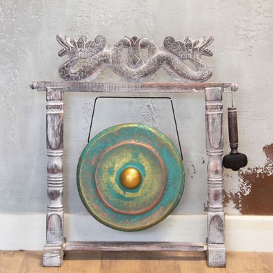 Medium Gong 35 cm greenwash mit Drachen Holzständer handgefertigt Bali