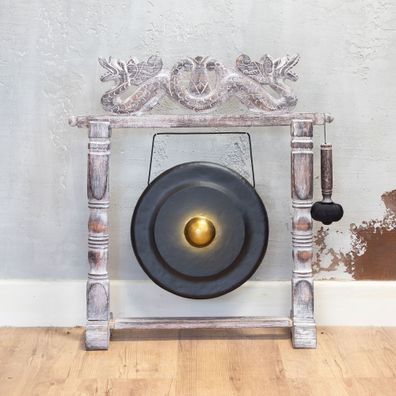 Medium Gong 35 cm schwarz mit Drachen Holzständer handgefertigt Bali