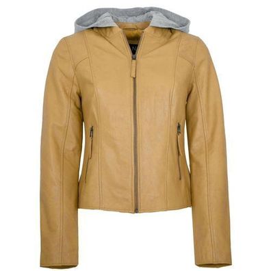 Jilani Collection - Damen Lederjacke Lammnappa Kapuze gelb