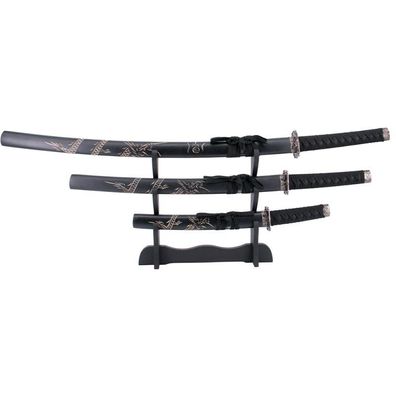Samurai Katana Set 3tlg., atana, akisashi, anto, Drackenmuster, schwarz