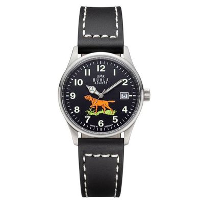 UMR Ruhla Armbanduhr Jagdhund 88101 Ronda-Werk Lederband schwarz, 37mm, 10ATM