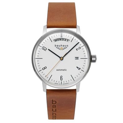 bauhaus 2070-1 Herren Armbanduhr, Automatik, Lederband, Day-Date, Glasboden