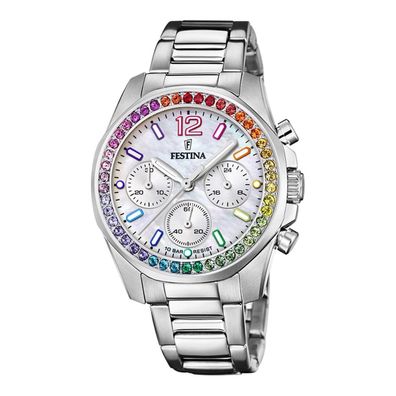 Festina Damen Uhr Chrono F20606-2 Edelstahl Perlmuttzifferblatt Rainbow