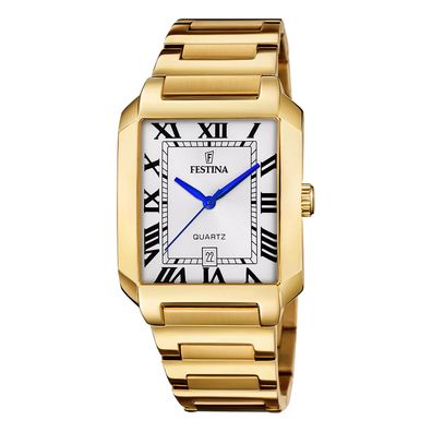 Festina Herren Armbanduhr F20678-1 Edelstahl goldfarben, Rechteckig, römische Z