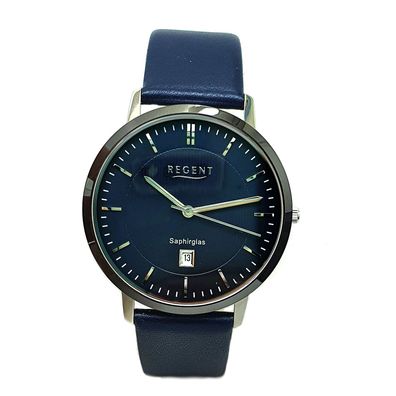 Regent Herren Armbanduhr 2112444 Saphirglas Datum blaues Lederband