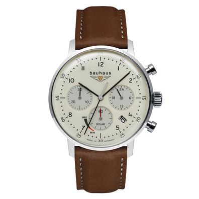Bauhaus 2086-5 Herrenuhr Solar Chronograph mit Lederarmband, Akkustandanzeige