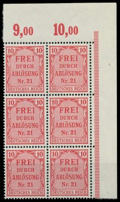 D-REICH DIENST Nr 4 postfrisch 6er-BLOCK ECKE-ORE X86F3A6