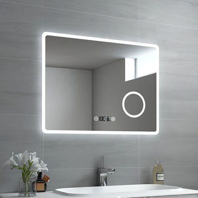 EMKE LED Badspiegel 80x60 mit Beleuchtung Touch Uhr Kosmetikspiegel Dimmbar Spiegel