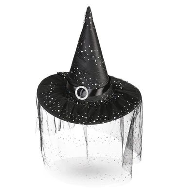 narrenwelt Hexenhut schwarz mit Schnalle und Tüll Hexen Hut Unisex Halloween