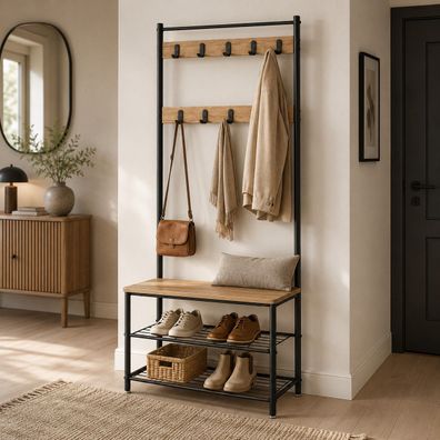 Best For Home Garderobe - Kleiderständer mit Bank & 2 Schuhregalen, Stahl, Schwarz