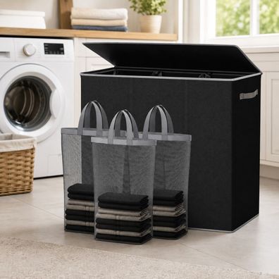 Best For Home Wäschekorb mit Deckel, 3 Fächern und drei herausnehmbaren Wäschesäcken