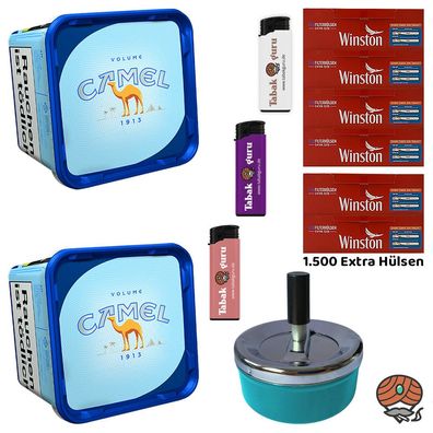 Camel Blue/Blau Volumentabak Eimer 2x 285g, Winston Extra Hülsen, Ascher, Feuer