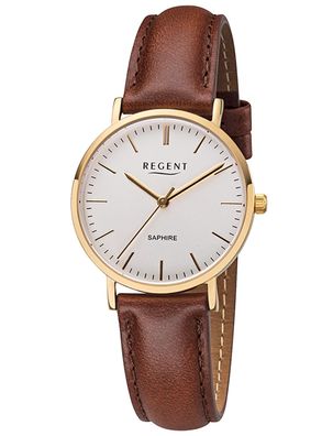 Regent Damen-Armbanduhr Goldfarben mit Lederband Braun F-1299