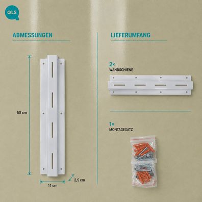 QLS Wandschienen 50 cm aus Stahl für modulares Regalsystem Grau 2 Stück 11502