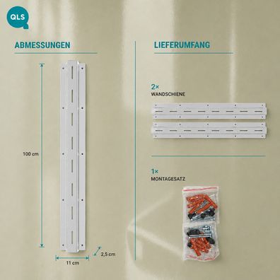 QLS Wandschienen 100 cm aus Stahl für modulares Regalsystem Grau 2 Stück 11503