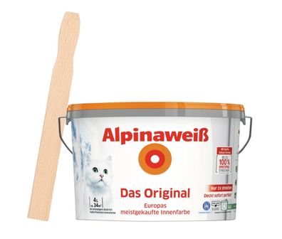 Alpinaweiß Das Original optimal deckende weiße Wandfarbe + Rührholz (4 Liter)