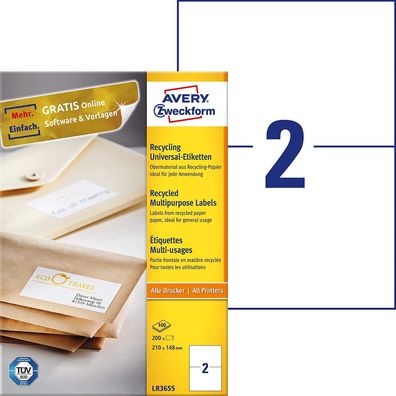 AVERY Zweckform LR3655 Recycling Etiketten (200 Klebeetiketten, 210x148mm auf A4, 100