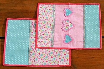 Tischdecke, Tischläufer , blau lila Blumen + Herzen 2er Set