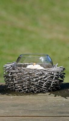 Windlicht Teelicht Kerze Gartendeko Weidenrand Glaswindlicht Tischdeko H 10 cm