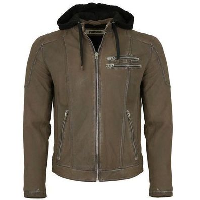 Punchball - Herren Lederjacke Kapuze Lammnubuk olive-braun antik