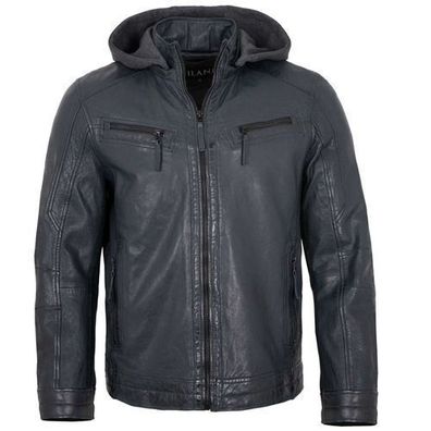 Jilani - Herren Lederjacke Kapuze Lammnappa navy