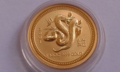 15$ 2001 Australien Lunar Schlange 1/10 Unze Gold 3,11g Gold Lunar 15 Dollars 2001