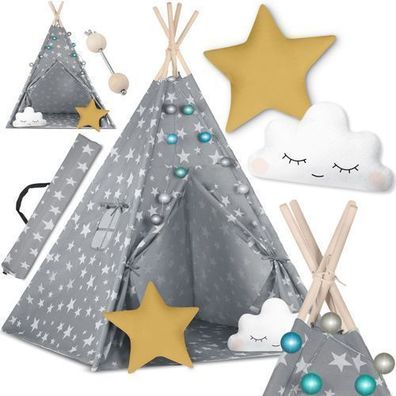 Nukido Kinder-Tipi-Zelt mit Beleuchtung - Grau mit Sternen