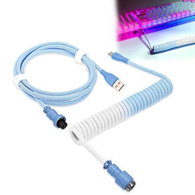 Spiralkabel Tastatur USB-C auf USB-A 1,8 m mit Aviator-Stecker Blau Weiss