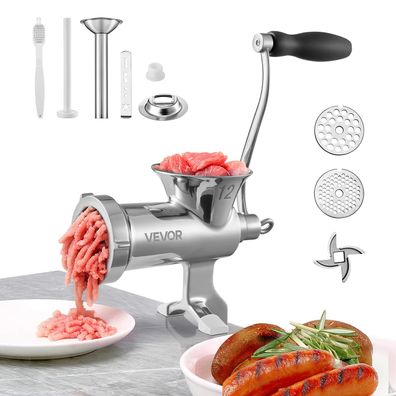 VEVOR Fleischwolf manuell Edelstahl 304 mit Wurstféller und 2 Schneidplatten