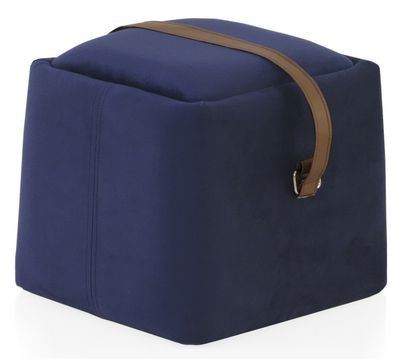 Gepolsterter Hocker mit blau Samtstoff und Kunstledergriff
