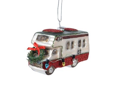 Christbaumschmuck Wohnmobil Glas 11 cm weiß/rot