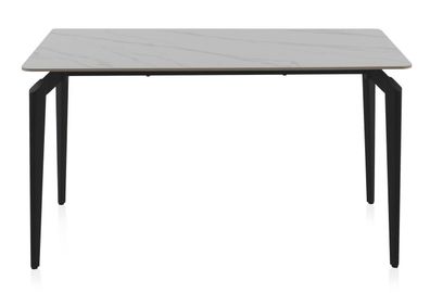 Weißer Keramiktisch mit schwarzen Metallbeinen
