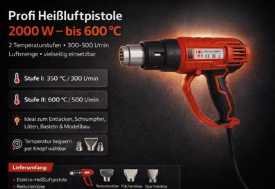 Profi Heißluftpistole Heißluftfön Heißluftgebläse mit 600 Grad und 2.000W NEU