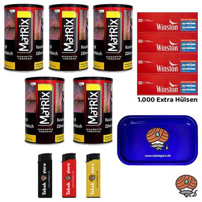 Matrix Red Tabak Dose 5x 90g, Winston Extra Hülsen, Tablett, Feuerzeuge