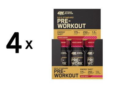 4 x Optimum Nutrition Gold Standard Pre-Workout Shot (12x60ml) Mixed Berry
