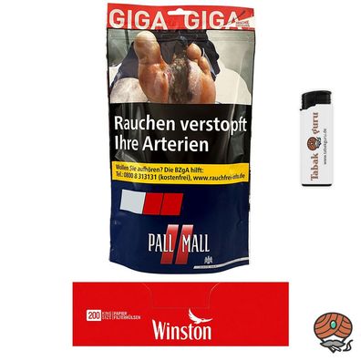 Pall Mall Red/Rot Volumentabak 95g Giga Beutel, Winston Hülsen, Feuerzeug