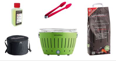 LotusGrill Starter-Set Classic 1x Grill Limettengrün USB-Anschluß, 1x Buchenholzko