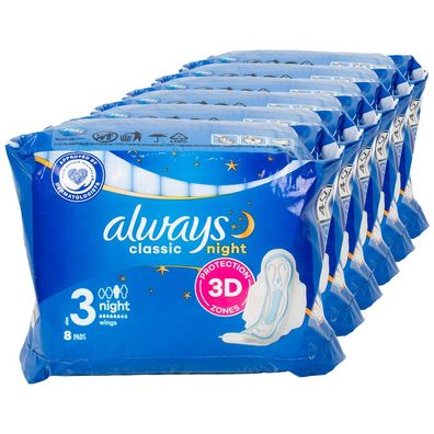 6x ALWAYS Classic Night 3D Damenbinden Gr.3 mit Flügel 8 Stk