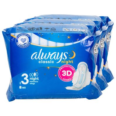 3x ALWAYS Classic Night 3D Damenbinden Gr.3 mit Flügel 8 Stk